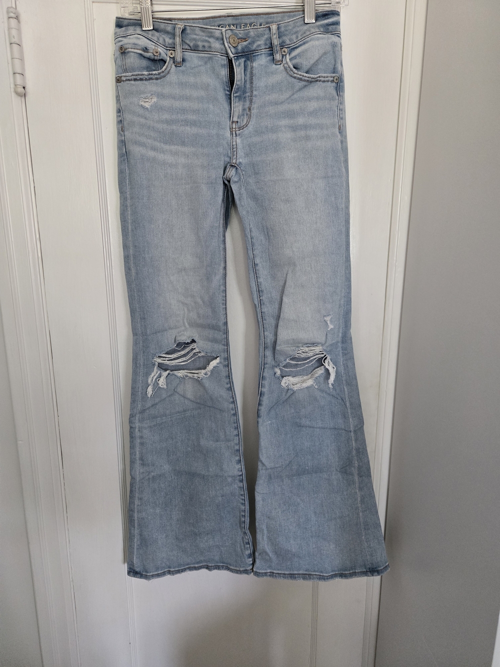 American Eagle Outfitters Light Wash Distressed Low-Rise Flare Jeans